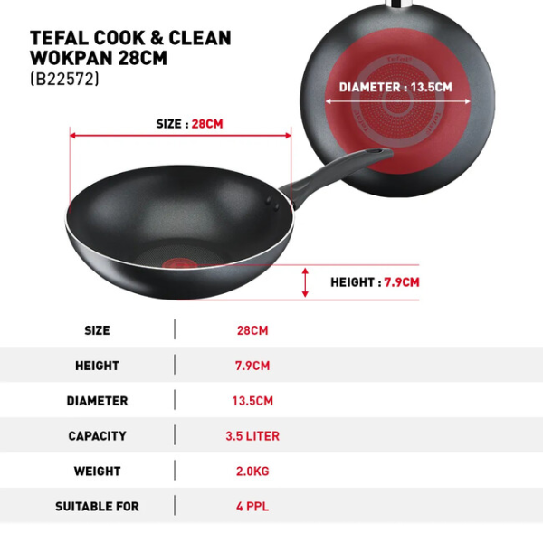 TEFAL COOK & CLEAN 4pcs Set Cookware (Saucepan W/Lid 16cm + WokPan 28cm + Spatula) B225S4 | Non-Stick - Image 3