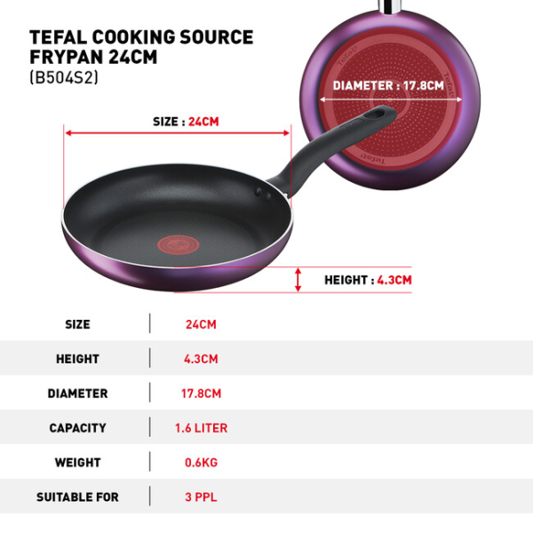 TEFAL Cooking Source 3pcs Set Cookware (Frypan + Saucepan + Lid) B504S2 | Non Stick - Image 6