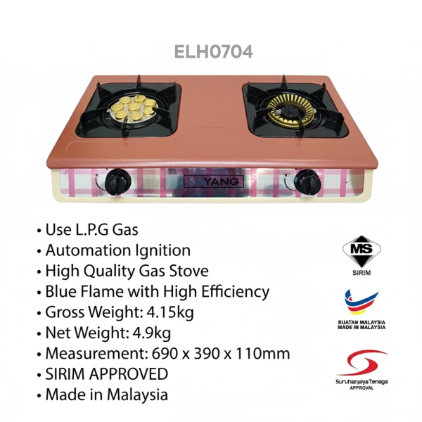 SAYANG 2 Burner Gas Stove 7332 / ELH0704 | Stainless Steel - Image 3