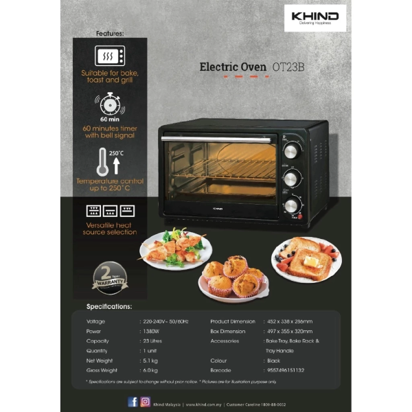 KHIND 23L Electric Oven OT23B | Bake Toast Grill - Image 3