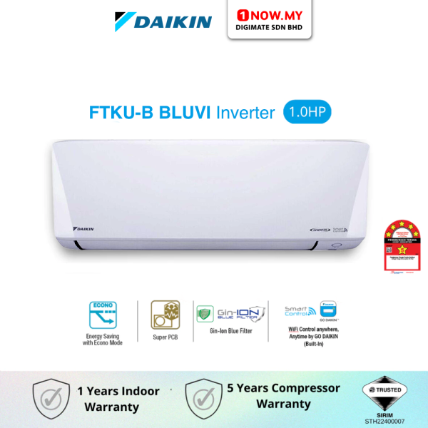 DAIKIN 1HP Inverter Air Conditioner BLUVI FTKU-B FTKU28B/RKU28BLF | 5 Star Energy Efficient
