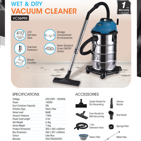 KHIND 30L Vacuum Cleaner Wet & Dry VC3699S | Overheat Protection Powerful Blower Function - Image 2