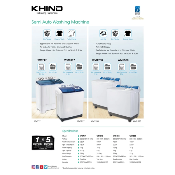 KHIND 7Kg Semi Auto Washing Machine WM717 | Powerful Cleaner Wash - Image 3