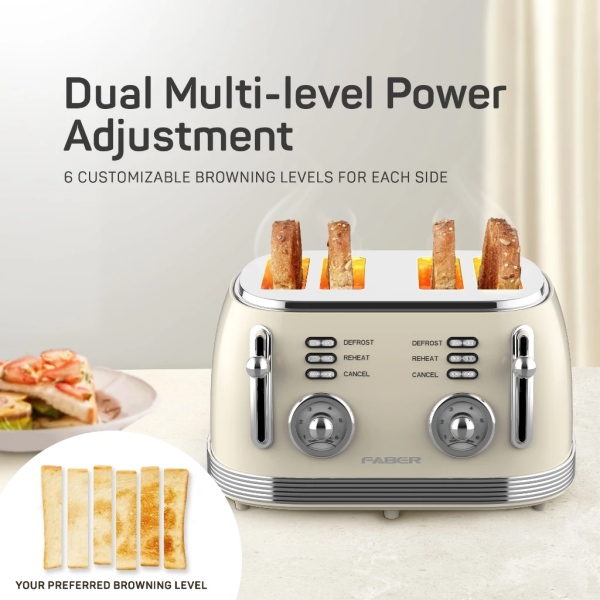 FABER 4 Slice Bread Toaster Vintage Series FT-V8504 | Defrost Toast Reheat - Image 3