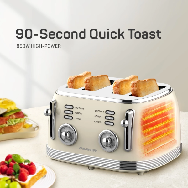 FABER 4 Slice Bread Toaster Vintage Series FT-V8504 | Defrost Toast Reheat - Image 2