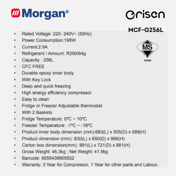 MORGAN 256L Glass Door Chest Freezer MCF-G256L | Durable High Energy Efficiency - Image 6