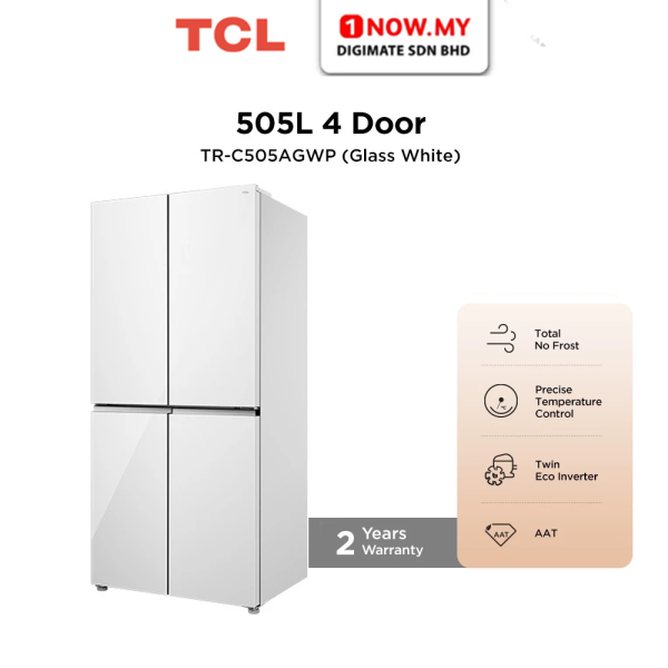 TCL 505L 4-Door Twin Inverter Refrigerator Glass White TR-C505AGWP | AAT Sterilization