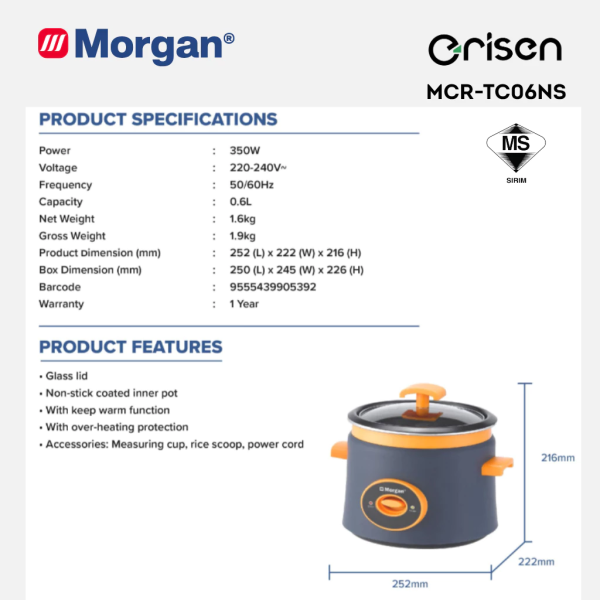 MORGAN 0.6L Electric Rice Cooker MRC-TC06NS - Image 6