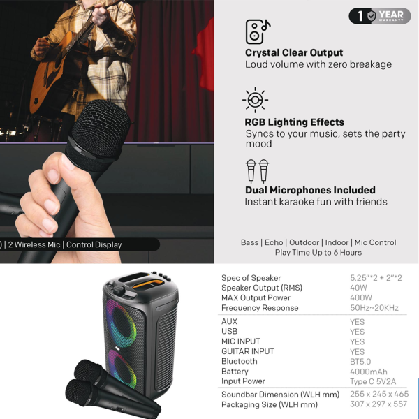SKYWORTH Portable Party Speaker Party Box SP20 | Rechargeable FREE 2 Wireless Microphone - Image 6