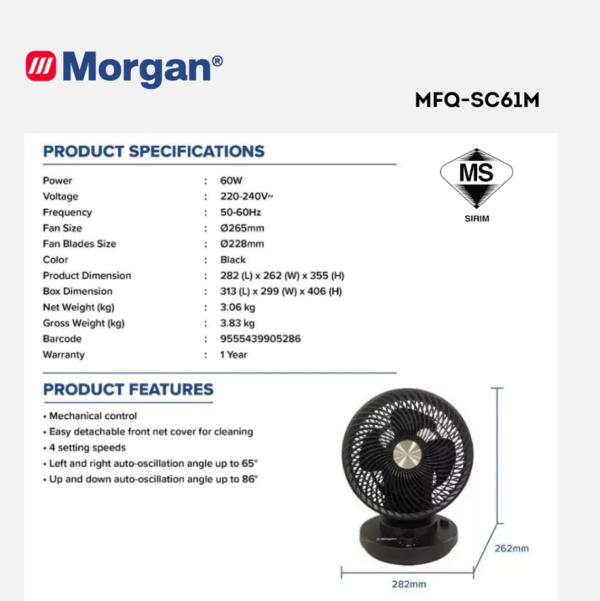 MORGAN 10.43" Table Circulation Fan MFQ-SC61M | Oscillation Tilting - Image 7