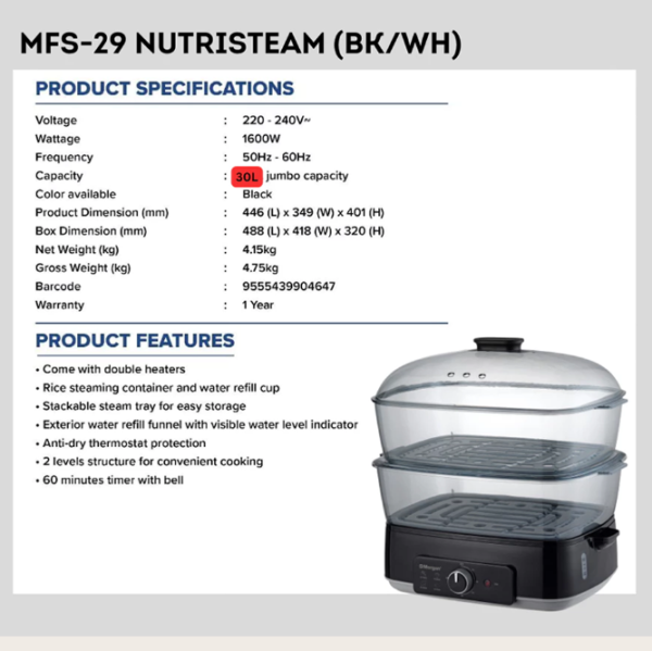 MORGAN 30L Food Steamer MFS-29 | Jumbo Nutristeam 2 Steam Zones - Image 7