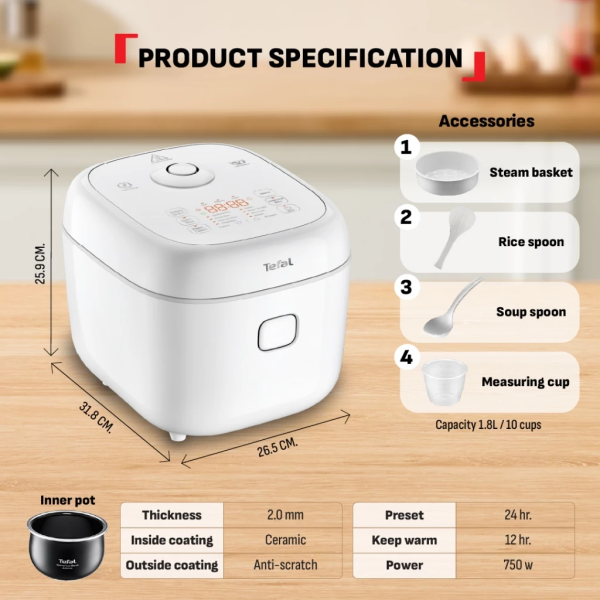 TEFAL 1.8L Delirice Fuzzy Logic Rice Cooker RK7711 - Image 5