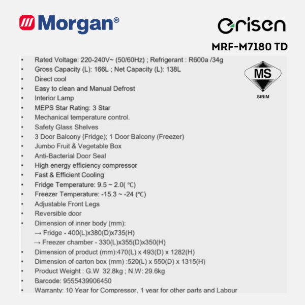 MORGAN 166L Refrigerator 2 Door MRF-M7180 TD | 3 Star Efficient - Image 3