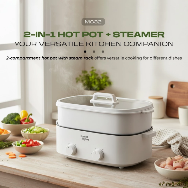 RUSSELL TAYLORS 12L Hotpot Steamer Dual Compartment Non Stick MC32 - Image 2