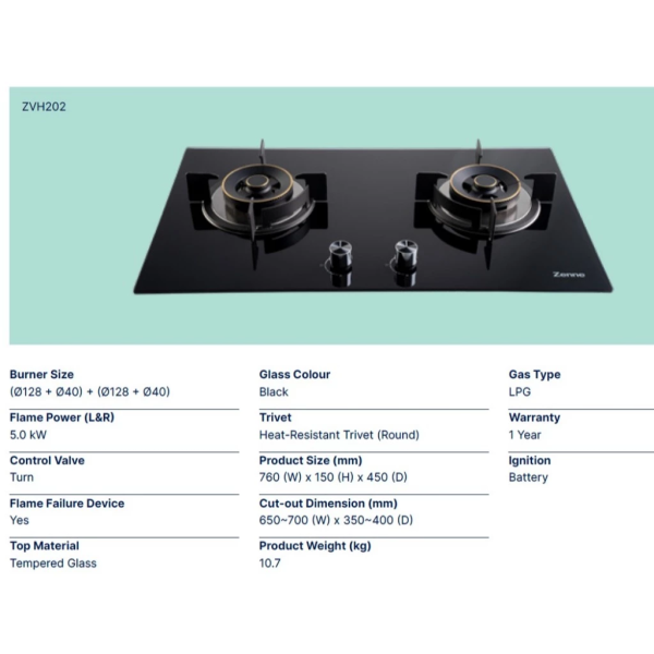 ZENNE 2 Burner Built-In Gas Hob (5.0kW) ZVH202-GB - Image 6