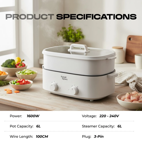 RUSSELL TAYLORS 12L Hotpot Steamer Dual Compartment Non Stick MC32 - Image 8