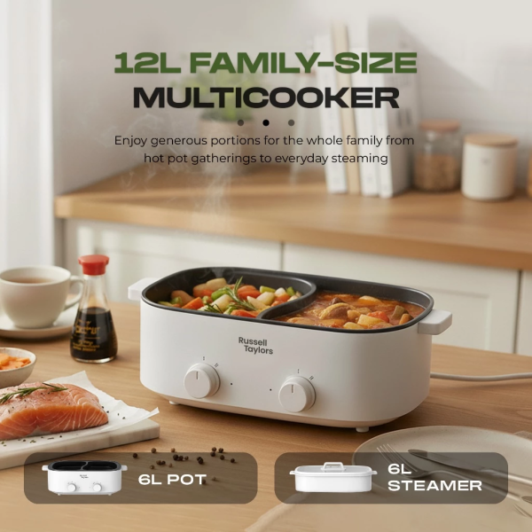 RUSSELL TAYLORS 12L Hotpot Steamer Dual Compartment Non Stick MC32 - Image 3