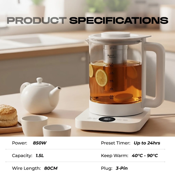RUSSELL TAYLORS 1.5L Multifunctional Glass Health Pot / Kettle RK5 - Image 7