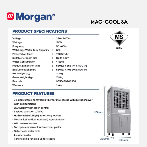 MORGAN 60L Portable Air Cooler MAC-COOL 8A - Image 4