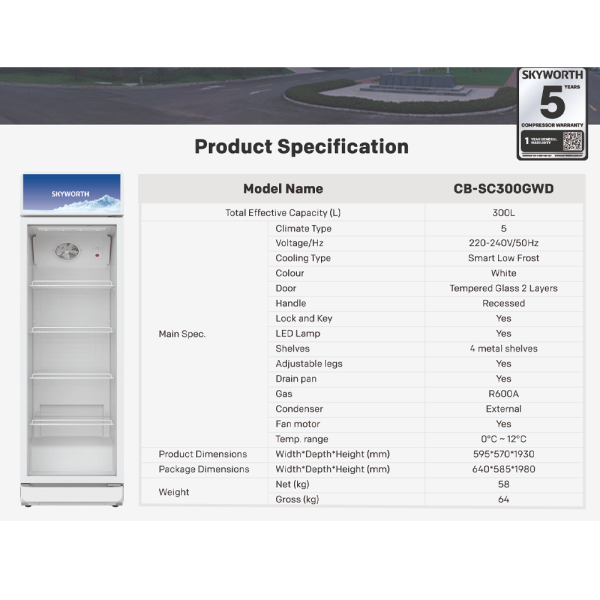 SKYWORTH 300L Showcase Chiller CB-SC300GWD - Image 6