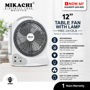 MIKACHI 12" Desktop Table Fan With Lamp MKC-2412LA | Oscillating 2-Speed USB Rechargeable