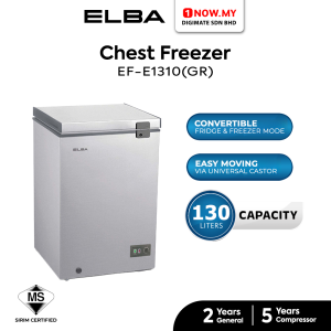 ELBA 130L Artico Series Chest Freezer EF-E1310(GR) | 3 Star Energy Efficient Fridge Convertible