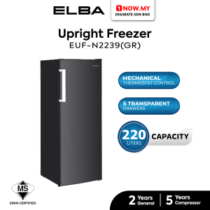 ELBA 220L Upright Freezer EUF-N2239(GR) | 5 Transparent Drawers